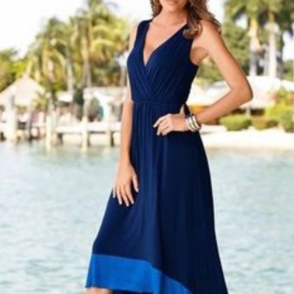 Boston Proper Color Block High Low Sleeveless Spandex Maxi Dress Navy Blue XS